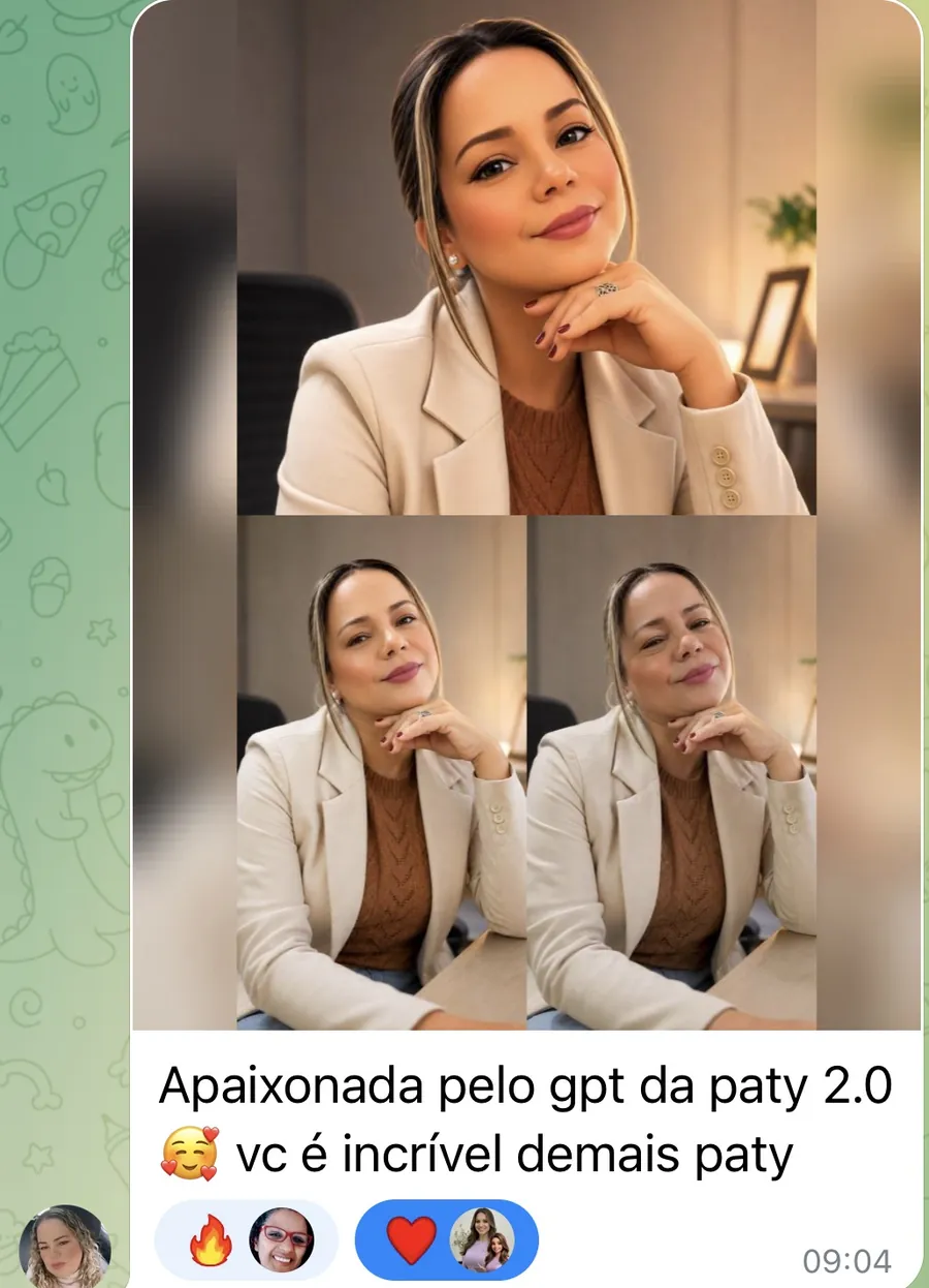 Aluna comparando sua foto real com as versões geradas: “Apaixonada pelo GPT da Paty 2.0”