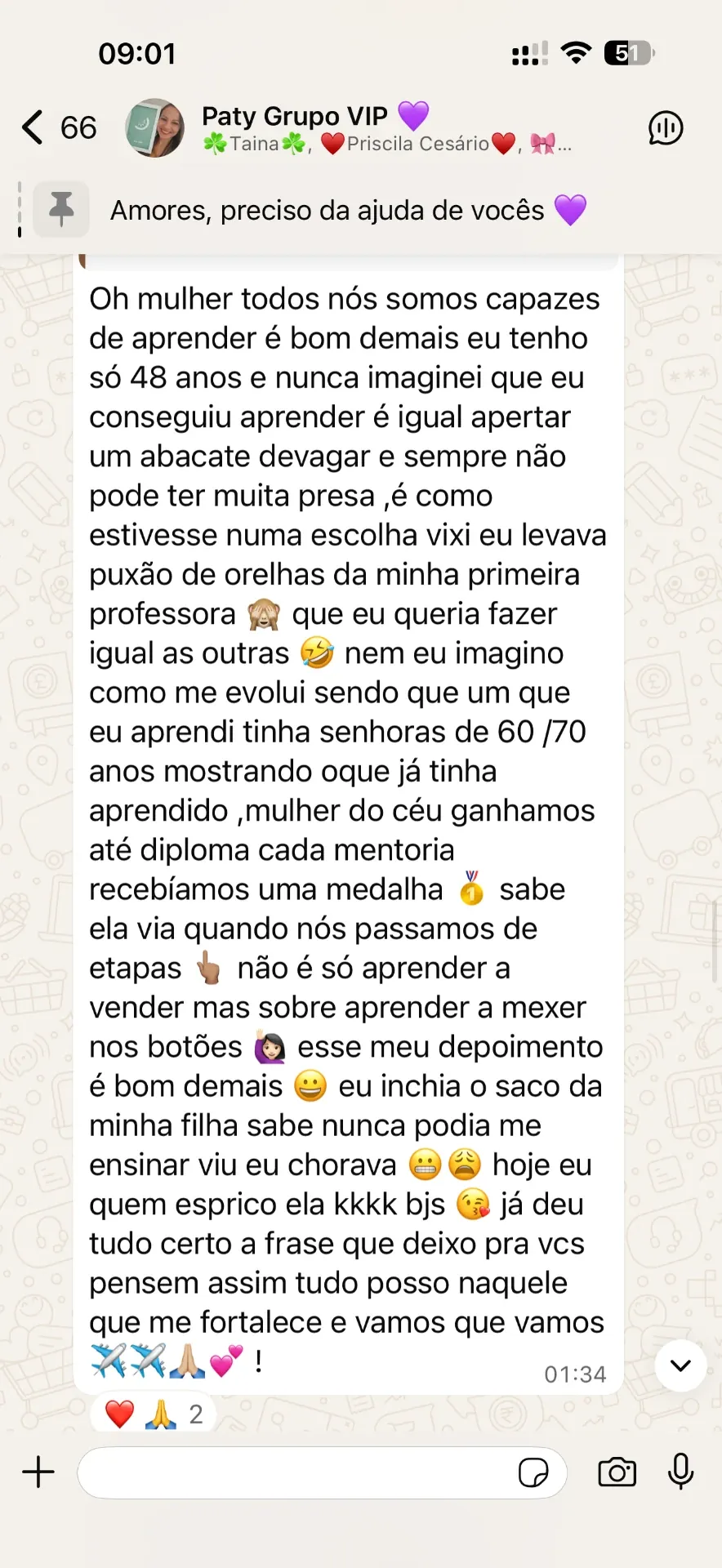 Depoimento de aluna de 48 anos no grupo VIP do curso